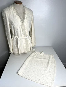 St. John White Boucle Knit 2pc Ruffled Trim Jacket Skirt Suit Set w/ Belt NWT - Picture 1 of 24