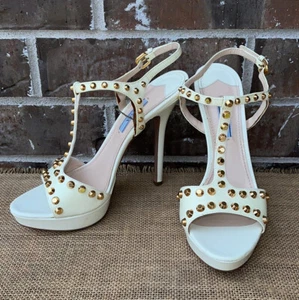 PRADA Saffiano Leather Studded Platform Sandals 38 - Picture 1 of 11