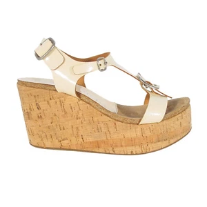 PEDRO GARCIA $525 Ivory Patent Leather Cork Platform Buckle Sandals Women's 39/9 - Picture 1 of 9