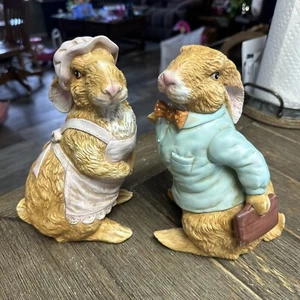 Statuine coniglietto pasquale Mr & Mrs antropomorfe vintage 7" bisque dipinte a mano - Foto 1 di 11