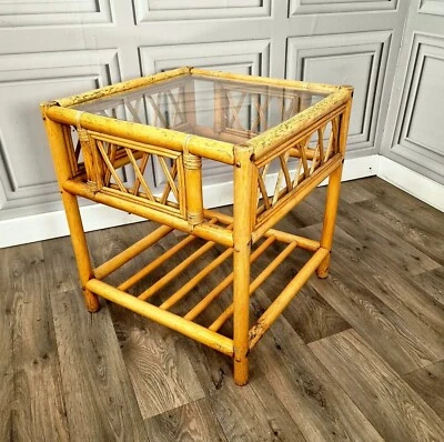 Vintage Square Coffee Table Bamboo Rattan Wicker Glass Top - Boho? Tiki? Retro - Image 1 of 4