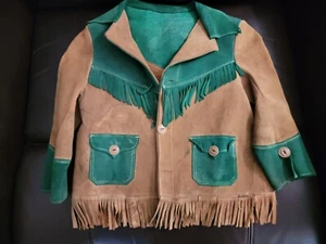 Vtg Child’s Tan Green Suede Fringe Leather Jacket Coat Button Closure Western - Picture 1 of 10