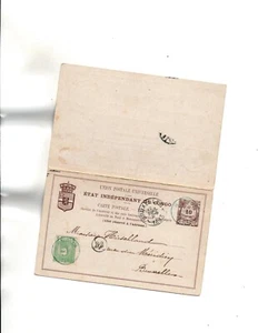 Belgian Congo Postal Card-REPLY CARD ATTACHED H&G#7+Sc#6 to Belgium 1893 - Picture 1 of 2