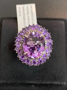 NATURAL AMETHYST 15X13 AMETHYST NATURAL DIAMOND STERLING SILVER 925 RING - Picture 1 of 7