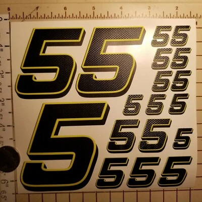 Matte Black-w/Gloss Carbon Fiber yellow #5's Racing Numbers Vinyl Decal Sheet Rc - Image 1 of 4
