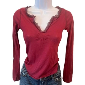 Top Abercrombie & Fitch donna S rosso Y2K orlo pizzo collo spacco manica lunga casual - Foto 1 di 11