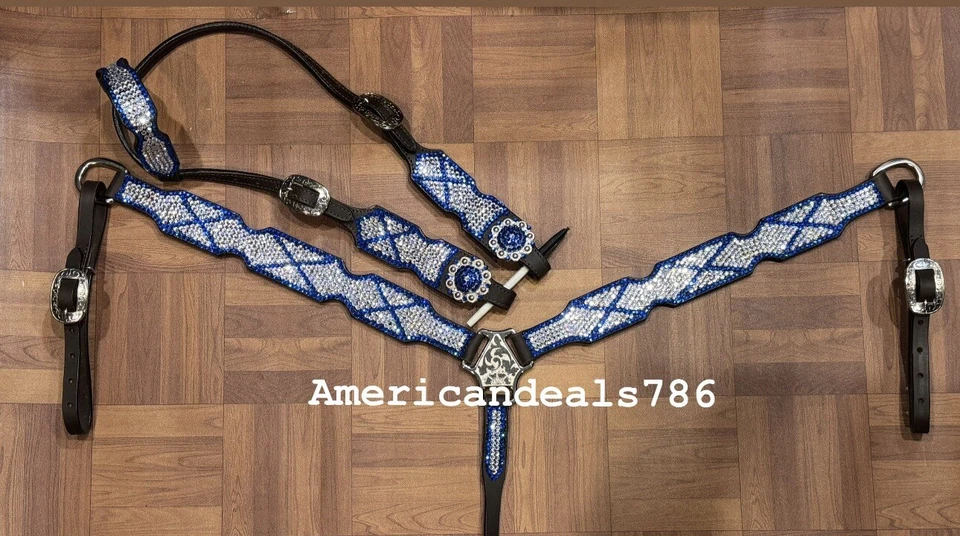 Western Brown Leather Bedazzle Bling Tack Set With Blue & White Crystal Stones - Image 1 of 1