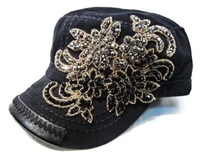 NUEVO CON ETIQUETAS Olive & Piqué Bling Paisley Floral Negro Sombrero Cadete - Imagen 1 de 1