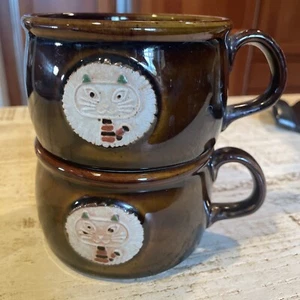 2 Vintage Otagiri Stoneware Cat Cameo Mug /soup Brown 4”JAPAN - Picture 1 of 10