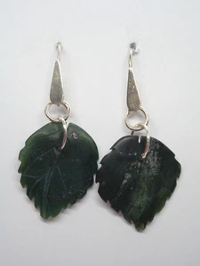 Ohrringe Mit Blatt IN Stamm Aus Jade Natürlich Und Silber 925 - Stein Zäh - Picture 1 of 5
