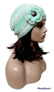 crochet womans handmade flower beanie hat simply catan green USA - Picture 1 of 2