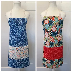 Women's Reversible APRON Blue Flowers Swirls Cotton Ties In Back Size Teen/ADULT - Picture 1 of 6