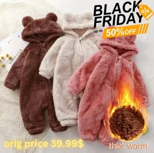 Warm Baby Bear Hooded Romper Fleece Jumpsuit for Winter Infant Soft Cozy Outfit - Picture 1 of 12