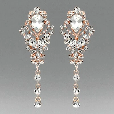 Wedding Dangle Earrings ROSE GOLD Plated Clear Crystal Rhinestone Women Bride 10 - Image 1 of 4
