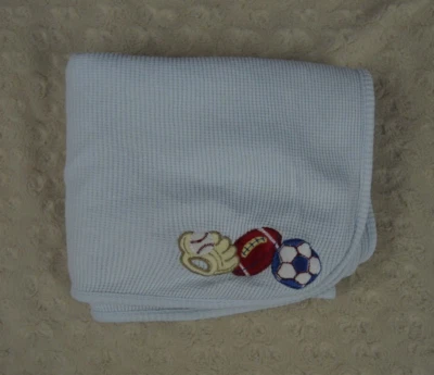Small Wonders Sports Baby Blanket Thermal Waffle Weave Blue Baseball Soccer Ball - Image 1 of 4