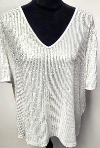 NWT AGNES ORINDA WHITE/SILVER SEQUIN SPARKLY V NECK SHORT SLEEVE BLOUSE SIZE XL - Picture 1 of 8
