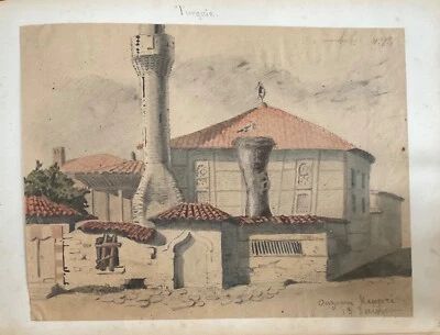 RARE AQUARELLE 1854 OUZOUN KEUPRI VILLAGE CIGOGNE TURQUIE CARNET DE VOYAGE - Photo 1/2