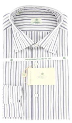 Luigi Borrelli Gray Mignight Navy Blue, White Striped Cotton Shirt 15.75/40 - Image 1 of 4