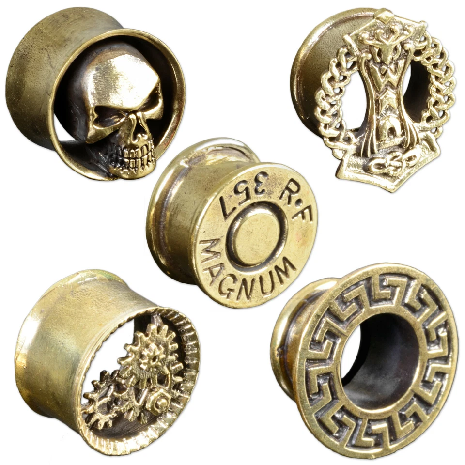 Vintage Flesh Tunnel Plug Messing Antik Look Biker Thorshammer Getriebe Z468 - Bild 1 von 2