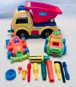 Set of 3 Plastic Take-Apart Dump Truck Race Car and Truck with Hand Tools - Picture 1 of 15