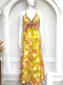 Kiss Kiss Vintage Yellow Floral Beaded Neckline Low Back Prom Formal Gown Sz4 - Picture 1 of 8