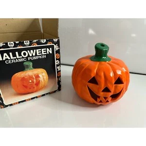 Vintage New Halloween Ceramic Pumpkin Jack O' Lantern smiley candle tealight - Picture 1 of 8
