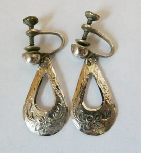 Sterling Silver 925 Mexico Screwback Drop Dangle Earrings Floral GA 01 Art Plat - Picture 1 of 3