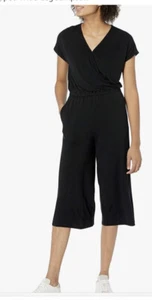 Amazon Terry XL Black Jumpsuit Overall Romper Pockets Wide Leg Cropped - Picture 1 of 9