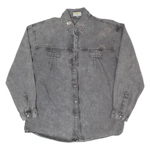 Vintage Studded Womens Plain Shirt Grey 90s Long Sleeve M - Picture 1 of 6
