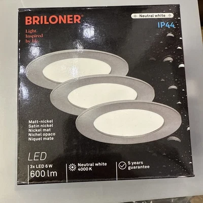 Briloner LED Downlight Bathroom Light Set of 3 6W 600lm 4000K Nickel IP44 Ø120mm - Image 1 of 2