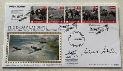 GB QEII 1994 Johnnie Johnson Signed D-Day Flown Benham FDC Tangmere Spitfire - Image 1 of 4