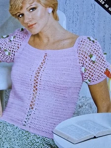 1970s Square Neck Diamond Lattice 3d Flower Top Carousel L209 Crochet Pattern - Picture 1 of 3