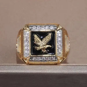 Men Ring Gold Silver Stainless Steel Eagle Black Gemstones Cz Jewellery Gift New - Picture 1 of 14