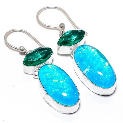 Triplet Fire Opal Gemstone Handmade 925 Sterling Silver Jewelry Earring 1.8" - Image 1 of 4