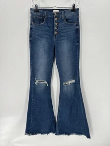 Altar'd State Flare Leg Jeans Womens 29 Blue Dark Wash Ripped Distressed Buttons - Picture 1 of 14
