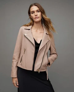 NUEVA $450 AllSaints Dalby Cordero Cuero Motociclista Chaqueta Talla US 10 Rosa Rubor - Imagen 1 de 17