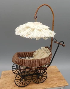 Vtg Victorian Wicker Baby Carriage IGMA Tillie Artisan Dollhouse Miniature 1:12 - Picture 1 of 20