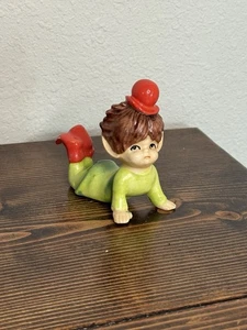Vintage Lefton Elfe Pixie Keramik Figur rote Mütze grün Weihnachten Japan - Bild 1 von 8