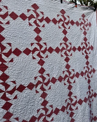 Antique Patchwork Quilt - Crazy Ann - Red & White -  79 x 74 - REPAIR or CUTTER - Image 1 of 4