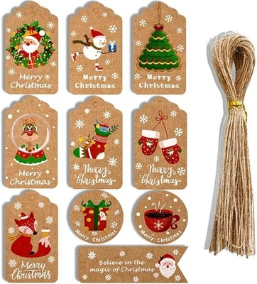 DOJOYKEY 50PCS Xmas Gift Tags – Kraft Paper Labels with Jute String, 10 Designs