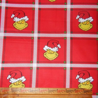 Dr Seuss How the Grinch Stole Christmas cotton fabric red Humbug plaid Santa BTY - Image 1 of 4