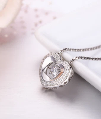 925 Sterling Silver Floating Dancing CZ Stone Heart Frame Pendant Necklace 18" - Изображение 1 из 4