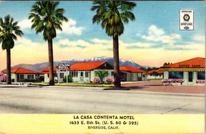RIVERSIDE, CALIFORNIA - LA CASA CONTENTA ROADSIDE MOTEL - VINTAGE LINEN POSTCARD - Picture 1 of 2