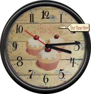 Cupcakes Rustic Kitchen Personalized Your Name Bakery Chef Shop Sign Wall Clock - Picture 1 of 1