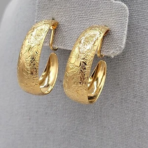 Goldfarbene Clip On Halbcreolen gestempelt florales Design strukturiert Vintage - Bild 1 von 6