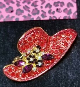 New Betsey Johnson Shiny Red Crystal Charm Lady's Hat Enamel Brooch Pin Gift