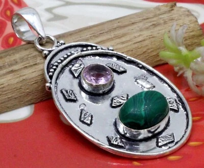Colgante de plata de ley 925 con piedras preciosas de malaquita y topacio tamaño-2,10" Foto 1 de 2