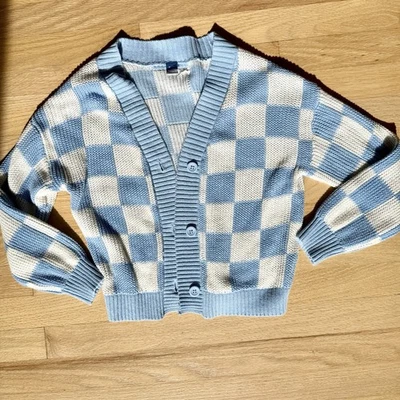 Antiguo suéter/cardigan a cuadros azul marino y blanco, niñas talla 8 Foto 1 de 4