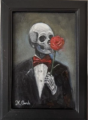 PINTURA AL ÓLEO ORIGINAL ESQUELETO DÍA DE SAN VALENTÍN HALLOWEEN FIRMADA ENMARCADA 4x6 Foto 1 de 3