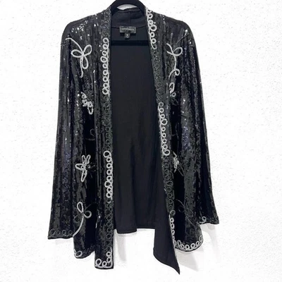 Investments Black Sequin open cardigan with White Floral Design XL - Image 1 of 4